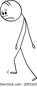 Vector cartoon stick figure drawing conceptual illustration of sad, tire, stressed or depressed man or businessman walking.