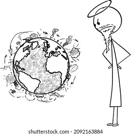 Vector cartoon stick figure drawing conceptual illustration of Christian god watching violence and wars on surface of planet Earth.