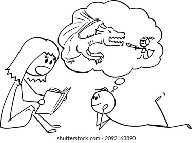 Vector cartoon stick figure drawing conceptual illustration of mother or parent reading book to his son or child.
