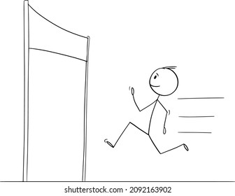 Vector cartoon stick figure drawing conceptual illustration of man or businessman running to finish the race for success, victory on finish line, challenge concept.