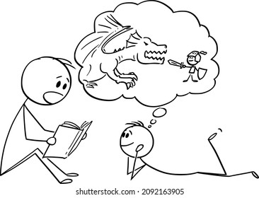 Vector cartoon stick figure drawing conceptual illustration of father or parent reading book to his son or child.