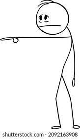 Vector cartoon stick figure drawing conceptual illustration of sad, tire, stressed, sick or depressed man or businessman pointing at or showing something.