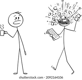 Vector cartoon stick figure drawing conceptual illustration of man, office worker or businessman manager at work. His head exploded from stress or overwork.