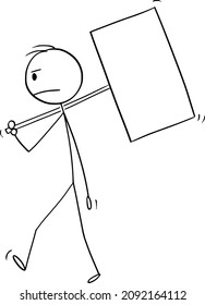 Vector cartoon stick figure drawing conceptual illustration of frustrated man or businessman walking with empty or blank sign on pole.