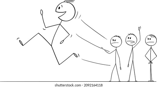 Vector cartoon stick figure drawing conceptual illustration of smiling worker, man or businessman running away from angry crowd or mob or coworkers or job managers. Leaving job, employment concept.