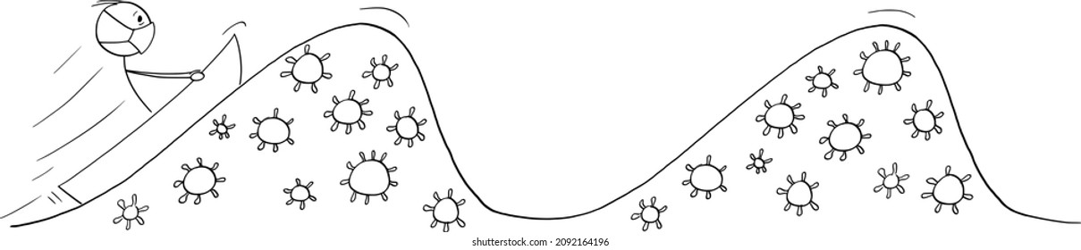 Vector cartoon stick figure drawing conceptual illustration of man wearing protective face mask adrift on small boat on waves of Covid-19, SARS-CoV-2 or Coronavirus Metaphorical Ocean.