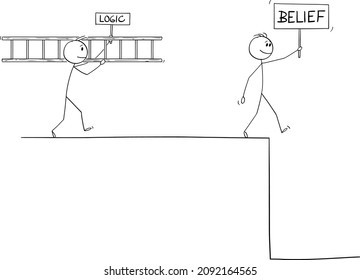 Vector cartoon stick figure drawing conceptual illustration of man with faith or belief hoping in help of superior power, predestination, god or luck, intelligent man of logic is looking for problem s