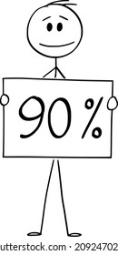 Dibujo de ilustraciones conceptuales de vectores de dibujos animados de un hombre o un hombre de negocios con un signo del 90 o del noventa por ciento.