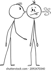 Vector cartoon stick figure drawing conceptual illustration of man blowing in ear of dull man, his head is empty, there is no brain inside. Air is coming out on other side.
