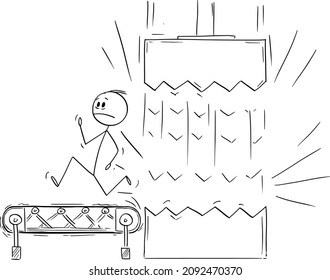 Vector cartoon stick figure drawing conceptual illustration of man or businessman running on conveyor belt or running machine from crusher, breaker, grinder or crushing machine.