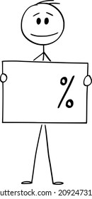 Vektorgrafik-Strichfigur Zeichnung konzeptuelle Illustration von Mann oder Geschäftsmann, der leere Prozentzeichen hält, bereit, Ihre Nummer hinzuzufügen.