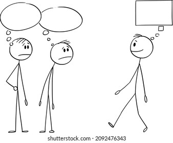 Vector cartoon stick figure drawing conceptual illustration of two average men or businessmen with mainstream conventional thinking watching creative individual.