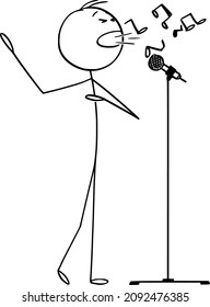 Vector cartoon stick figure drawing conceptual illustration of man or singer singing song on stage to microphone and creating music.