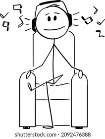 Vector cartoon stick figure drawing conceptual illustration of man with headphone sitting in armchair hearing music and enjoying it.