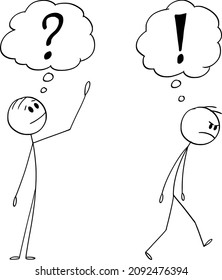 El vector de caricatura ilustra la ilustración conceptual del hombre o el hombre de negocios haciendo preguntas filosóficas, buscando una solución o respuesta problemática, otro hombre se está yendo enfadado.