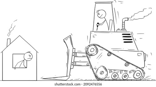 Vector Cartoon Stick Figure Drawing Conceptual Illustration Of Bulldozer Moving To Demolish Small Family House.