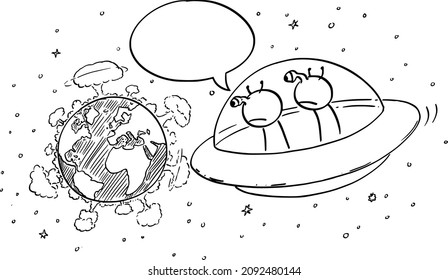 Vector cartoon stick figure drawing conceptual illustration of two funny aliens in UFO or flying saucer watching planet Earth from space, nuclear war explosion on the surface, destruction of mankind a