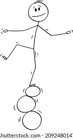 Vector cartoon stick figure drawing conceptual illustration of man or businessman balancing on three rings, balls or stones.