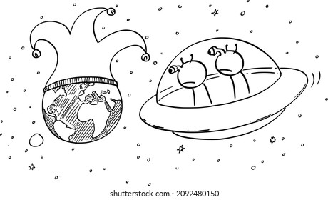 Vector cartoon stick figure drawing conceptual illustration of two funny aliens in UFO or flying saucer watching planet Earth from space. human or mankind madness or foolishness. Comic strip.