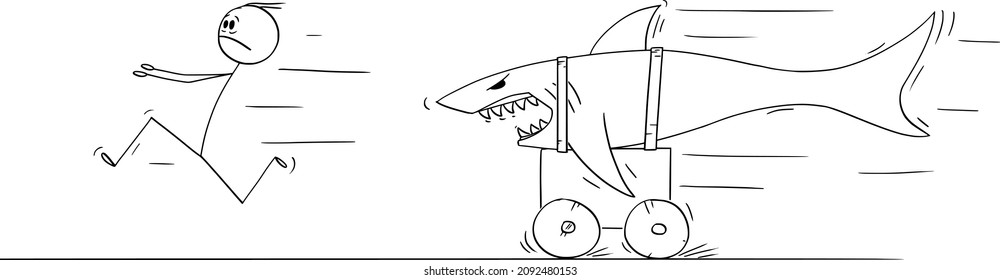 Vector Cartoon Stick Figure Drawing Conceptual Illustration Of Man Running In Fear Or Panic From Dangerous Shark Riding On Land On Cart.