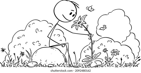 Vector cartoon stick figure drawing conceptual illustration of man sitting in peaceful nature surrounded by flowers, trees and butterflies. Lifestyle and outdoor concept.