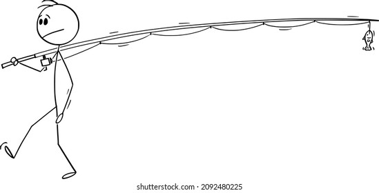 Vector Cartoon Stick Figure Drawing Conceptual Illustration Of Man Or Fisherman Holding Or Carrying Long Or Big Fishing Rod With Small Fish.