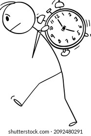 Vector cartoon stick figure drawing conceptual illustration of man man carrying heavy alarm clock on his back. Concept of time management and wake up.