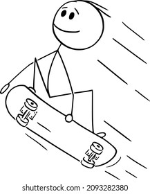 Vector cartoon stick figure drawing conceptual illustration of man, boy, skater or skateboarder jumping or doing trick or skateboarding on skateboard.