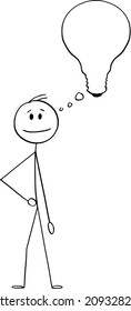 Vector cartoon stick figure drawing conceptual illustration of man, businessman or innovator with thinking bubble or balloon in shape of light bulb.He got idea, looking for solution or innovation.