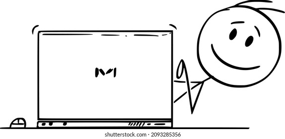 Vector cartoon stick figure drawing conceptual illustration of smiling happy man, office worker or businessman typing on computer and looking from behind laptop.