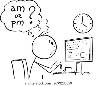 Dibujo vectorial de caricatura ilustrando la ilustración conceptual de un trabajador de oficina cansado o frustrado, hombre o hombre de negocios que trabaja en una computadora durante mucho tiempo y viendo el reloj de pared. Está pensando si es un