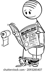 Dibujo de la figura de la caricatura vectorial que ilustra conceptualmente a un hombre sentado en un retrete, en un baño o baño y leyendo periódicos.