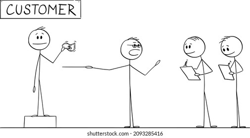 Vector cartoon stick figure drawing conceptual illustration of teacher or senior businessman teaching students or colleagues about needs of customer or client bringing money to business. Marketing, an