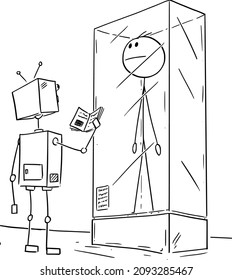 Vector cartoon stick figure drawing conceptual illustration of extinct man or male human being exhibited in museum exposition. Robot visitor is watching him.