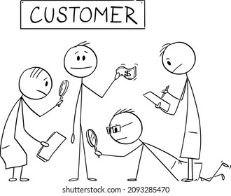 Vector cartoon stick figure drawing conceptual illustration of businessmen scientists analyzing needs of customer or client bringing money to business. Marketing,profit,finance,marketing.