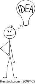 Vector cartoon stick figure drawing conceptual illustration of man, businessman or innovator with thinking bubble or balloon in shape of light bulb.He got idea, looking for solution or innovation.