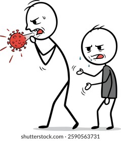 Vector cartoon stick figure drawing conceptual illustration of sick infected man coughing or sneezing and spreading infection of coronavirus covid-19 or flu.