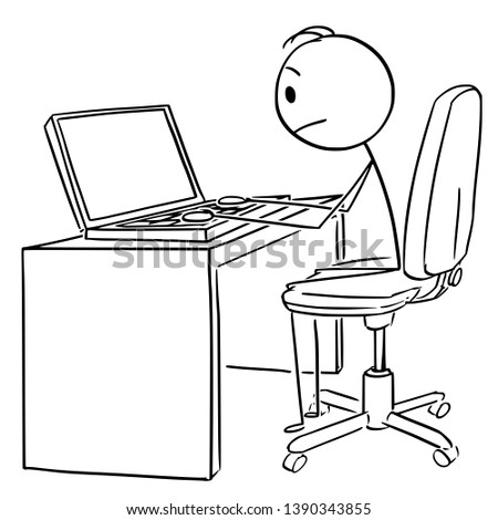 Vector cartoon stick figure drawing conceptual illustration of man or businessman working or typing on portable computer or laptop.
