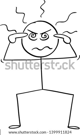 Vector cartoon stick figure drawing conceptual illustration of mad, insane or lunatic man trying to hypnotize with his crazy eyes.