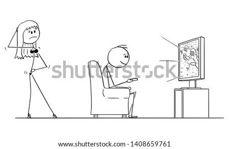 Vector cartoon stick figure drawing of man sitting in armchair and watching American football on TV or television, while sexy woman or wife in lingerie is offering him sexual intercourse or sex.