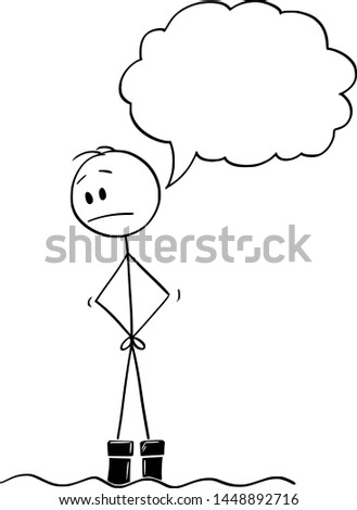 Vector cartoon stick figure drawing conceptual illustration of man with speech bubble standing in water flood and watching with concern how the water continue to rise.