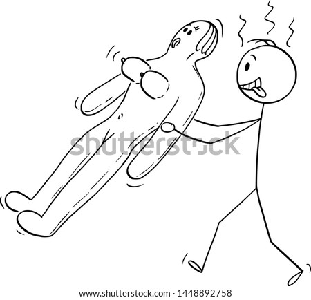 Vector cartoon stick figure drawing conceptual illustration of sex-starved, horny or randy man carrying rubber blow-up sex doll