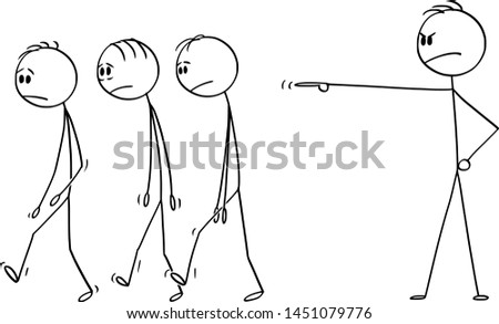 Vector cartoon stick figure drawing conceptual illustration of boss or businessman firing out or expelling away.