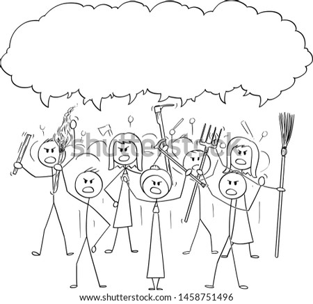 Vector cartoon stick figure drawing conceptual illustration of angry mob characters with torch and tools like pitchfork as weapons. Empty speech bubble ready for your text.