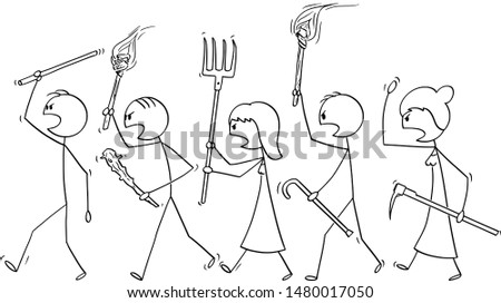 Vector cartoon stick figure drawing conceptual illustration of angry mob characters walking with torch and tools like pitchfork as weapons. Empty speech bubble ready for your text.