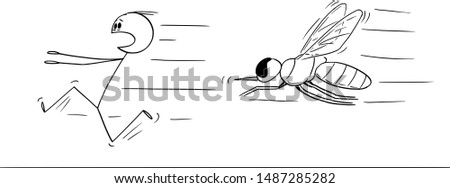 Vector cartoon stick figure drawing conceptual illustration of man running away in fear from mosquito or insect.