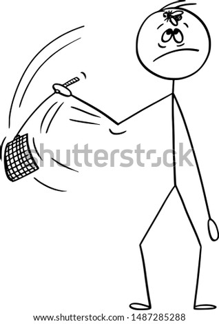 Vector cartoon stick figure drawing conceptual illustration of man going to swat the fly sitting on his forehead with swatter, flapper or fly-flap.