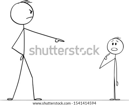 Vector cartoon stick figure drawing conceptual illustration of man pointing and blaming boy or another man. Concept of guilt.