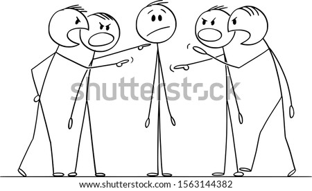 Vector cartoon stick figure drawing conceptual illustration of man or businessman who is questioned, interrogated or blamed by group of men or colleagues.