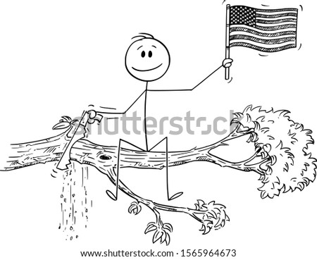 Vector cartoon stick figure drawing conceptual illustration of man waving the flag of United States of America or USA, and cutting with saw the tree branch on which he is sitting.